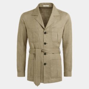 Mid brown herringbone belted safari jacket, linen